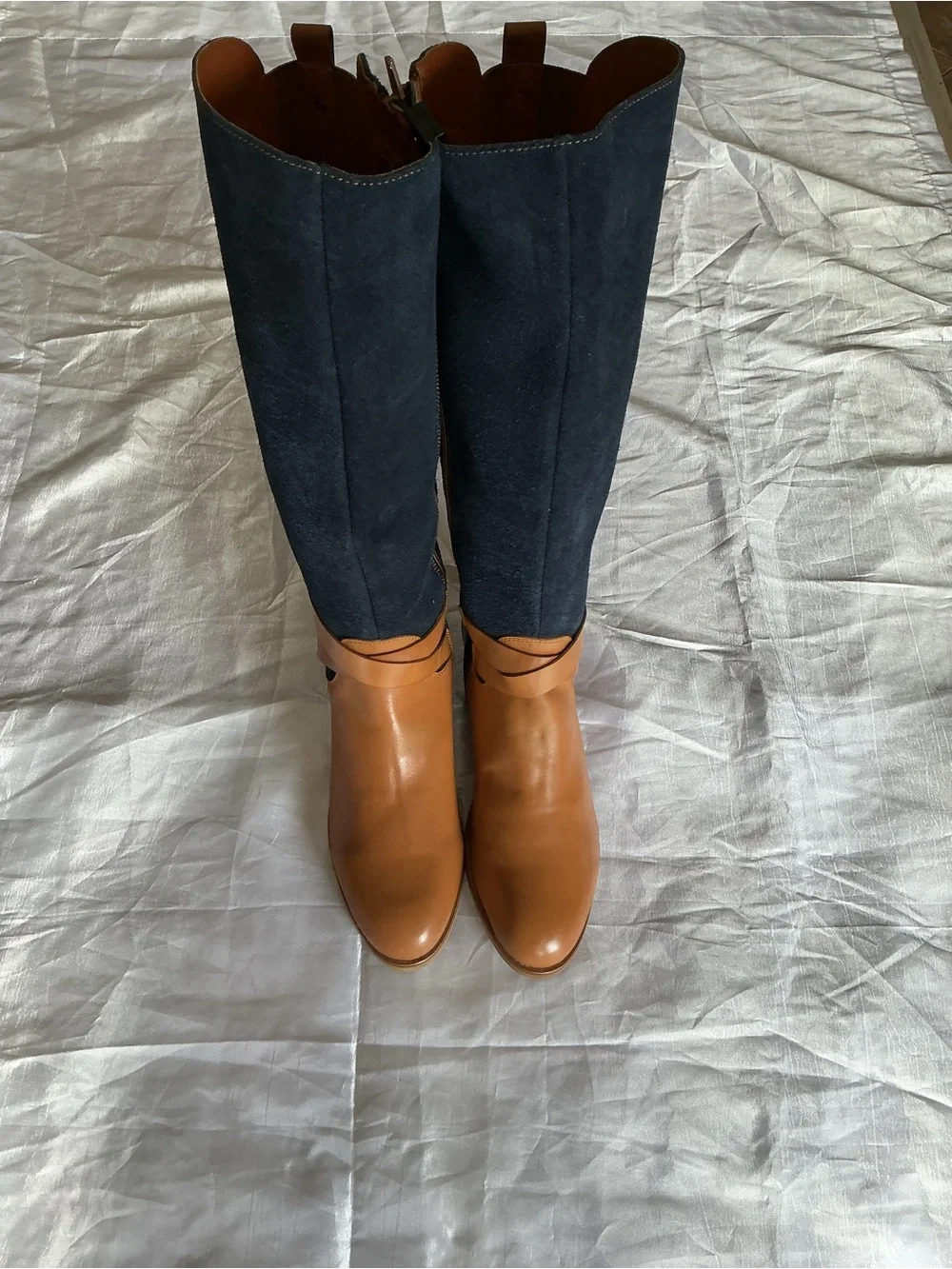 Tivoli Two-Tone Over-the-Knee Boots in Navy and Tan